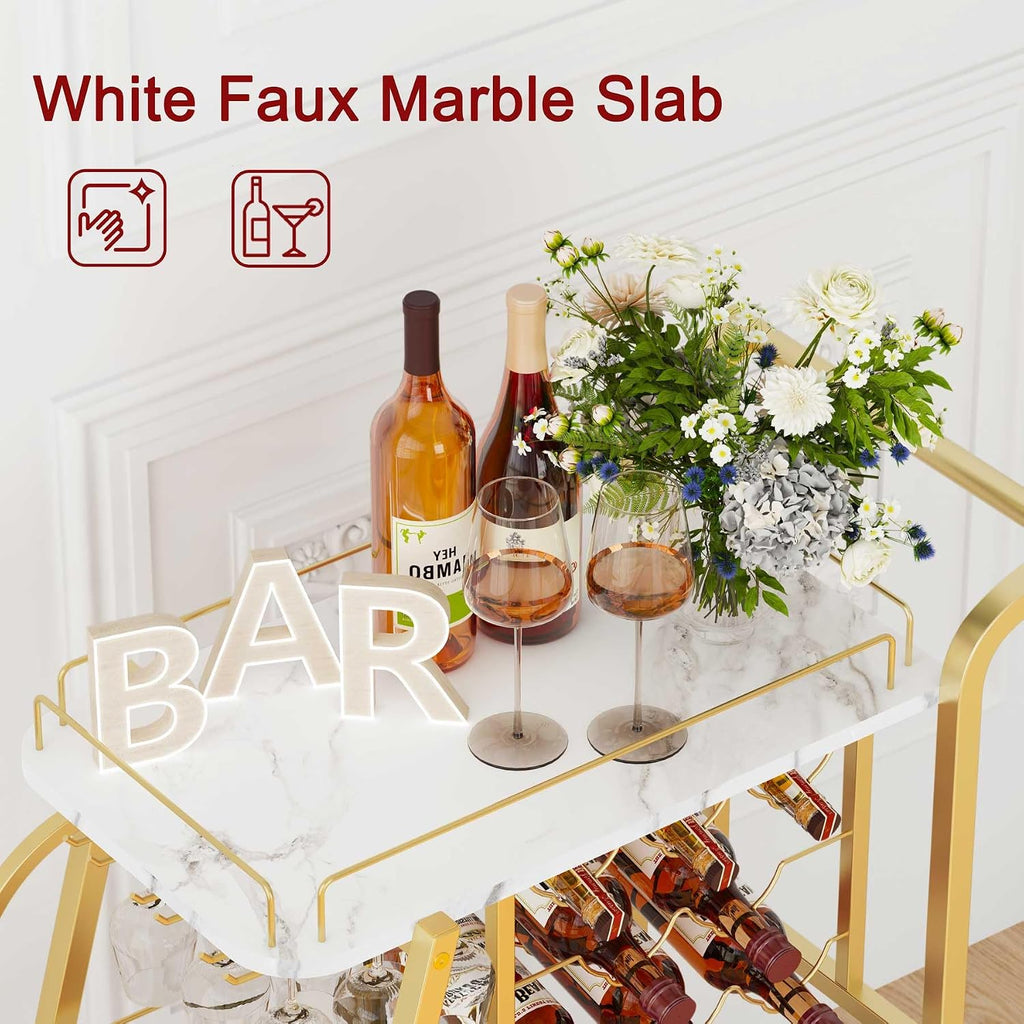 Bar Cart, Gold Bar Carts for The Home, Serving Cart with Wine Glass Holder, 3-Tier Drink Carts with Wheels, Rolling