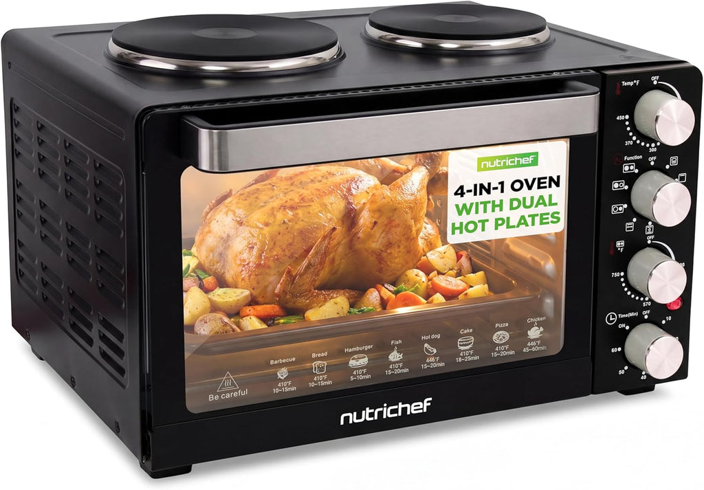 30 Quart Kitchen Convection Oven & 2 Burner Cooker - 1500 Watt Oven - 7 Cook Functions Rotisserie, C