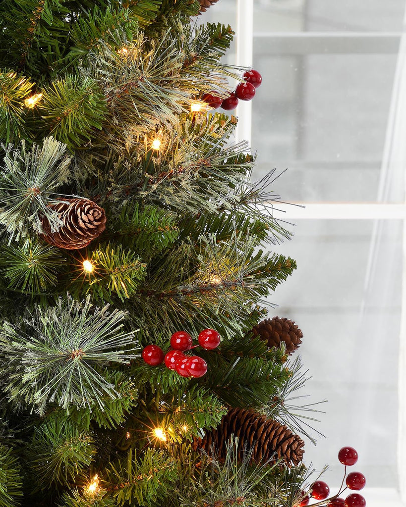 3ft Pre-lit Artificial Christmas Tree with 70 Warm White Lights, Flocked with 12 PineCones,12 Red Berries Green