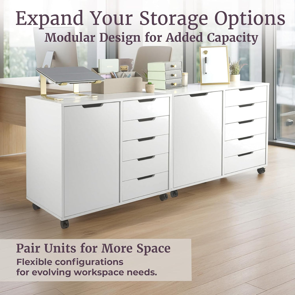 5 Drawer Office Storage Cabinet - Wooden Lateral File Cabinet with 5 Drawers, Door, and Adjustable Shelves - Rolling