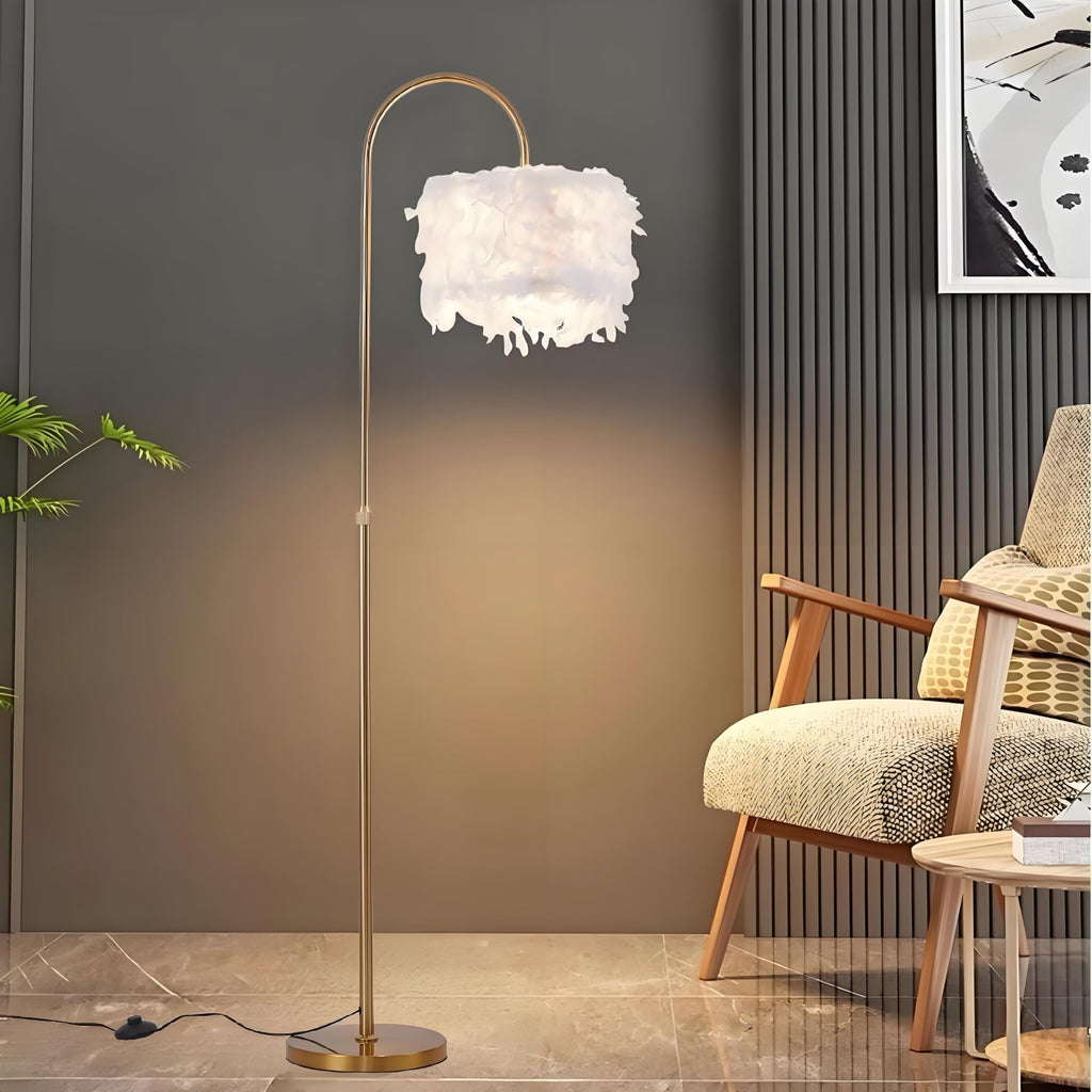 Arc Feather Floor Lamp, Gold Modern LED Feather Standing Lamp, Natural Feather Decorative Tall Lamp with Foot Switch