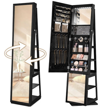 16 LEDs Jewelry Cabinet Armoire, Standing Jewelry Organizer with 360° Rotating Base, Lockable Full-length Mirror