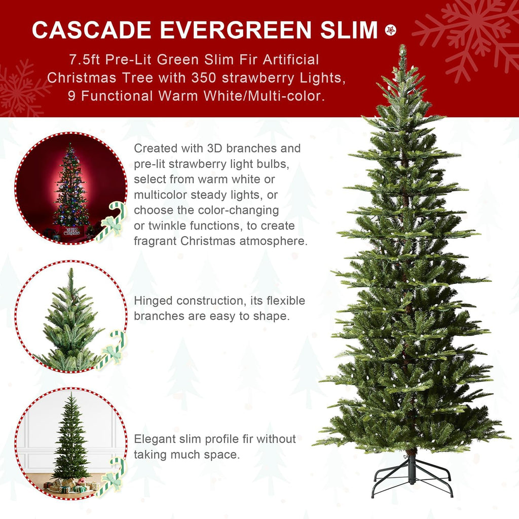 Prelit Artificial Christmas Tree, Cascade Evergreen Slim Christmas Tree with with 350 Color Changing LED Lights