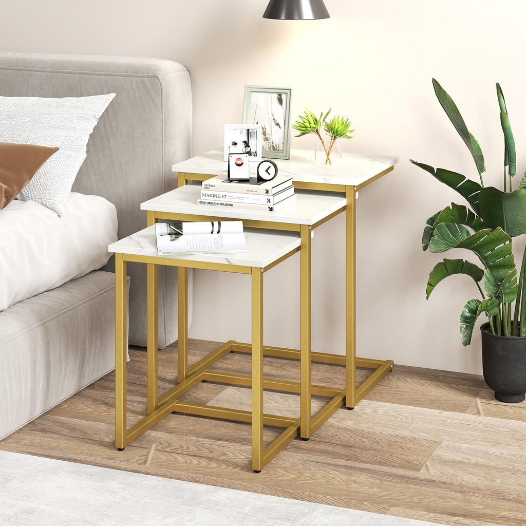 Nesting Coffee Tables Set of 3, Rectangular Nesting Center with Faux Marble Top & Metal Frame, Modern C-Shaped Nested