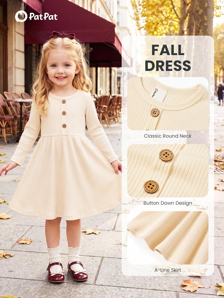 Baby Toddler Ribbed Button Knit Cotton Dress Long Sleeve 3M
