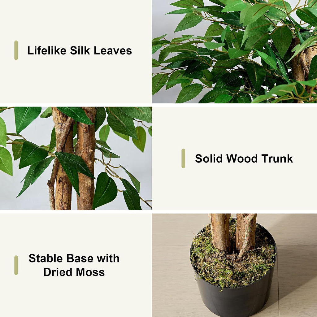 Ficus Tree Artificial 6 Feet, Tall Faux Tree in Pot, Fake Floor Plant with Realistic Tree Branch & Silk Leaves Indoor