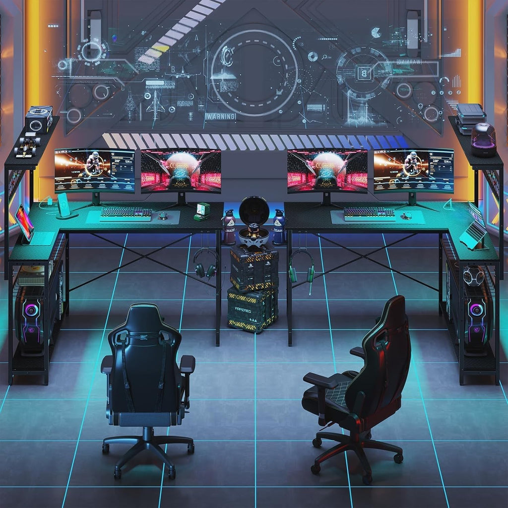 51" L Gaming Desk with Power Outlets LED Lights, Carbon Fiber Black | Reversible Design, LED Lights, Power Outlets