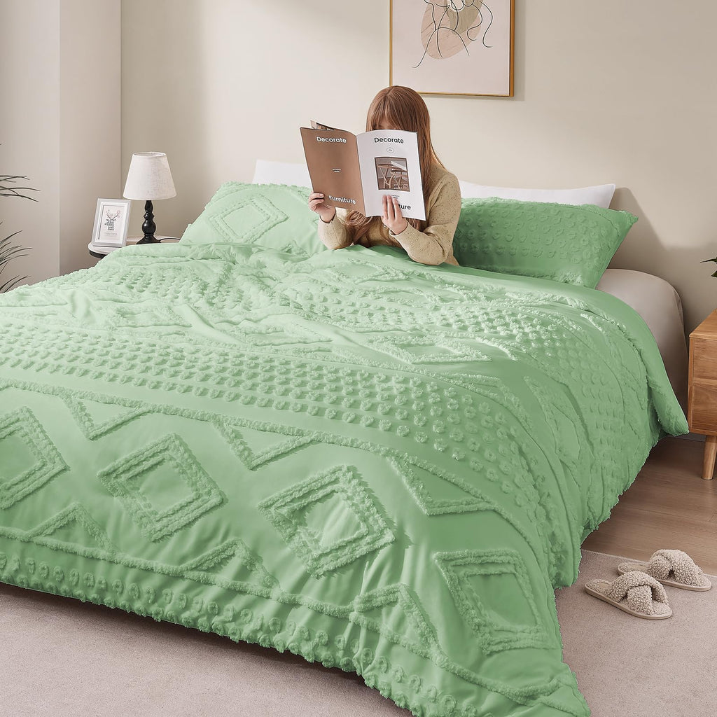 Boho King Comforter Set Sage Green with Sheets, 3 Pieces Tufted King Comforter Sets Boho Bedding Cream Soft Warm