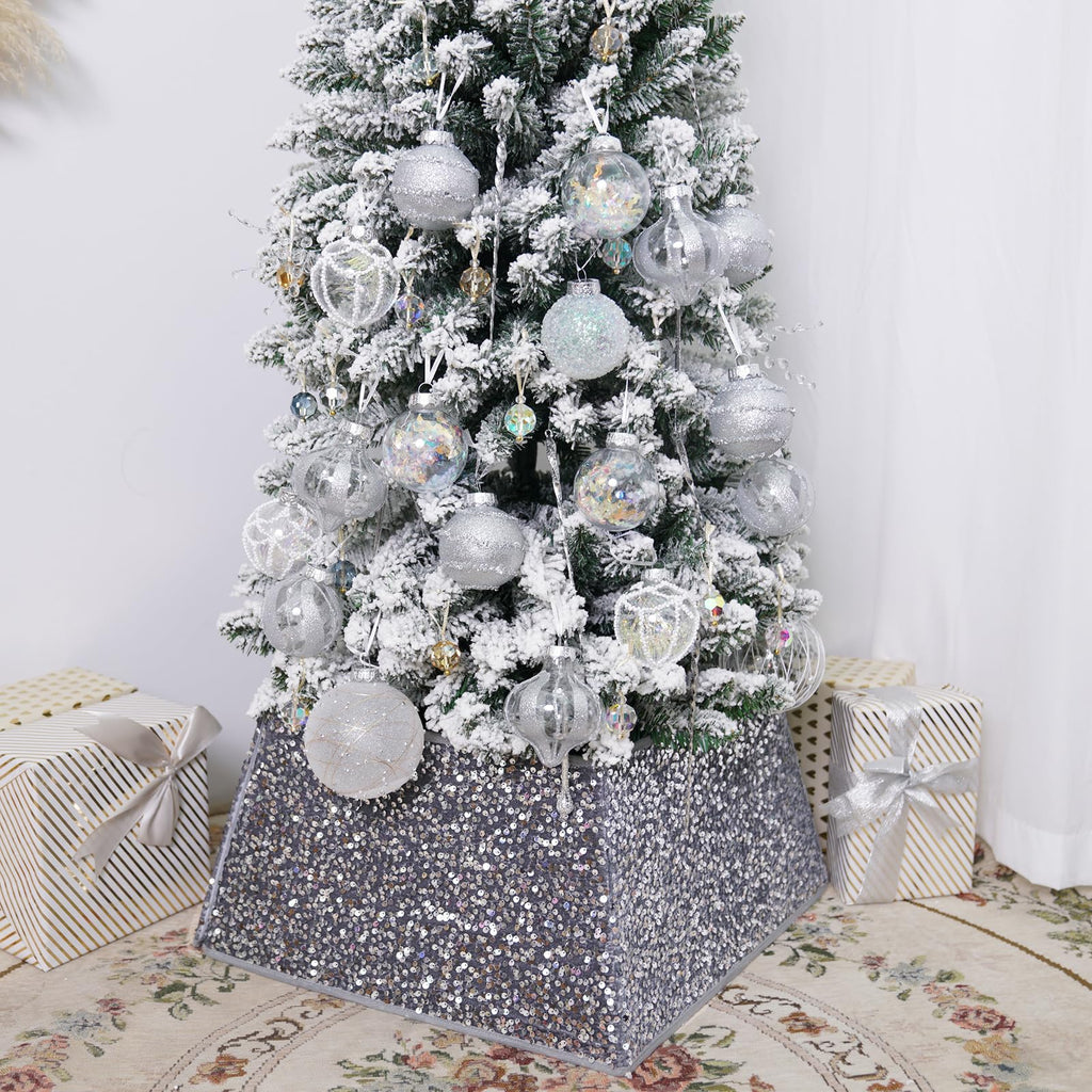 Silvergrey Christmas Tree Collars for Atificial Trees, 24 Inch Sparkling Sequins Christmas Skirt, Base Cover, Holiday