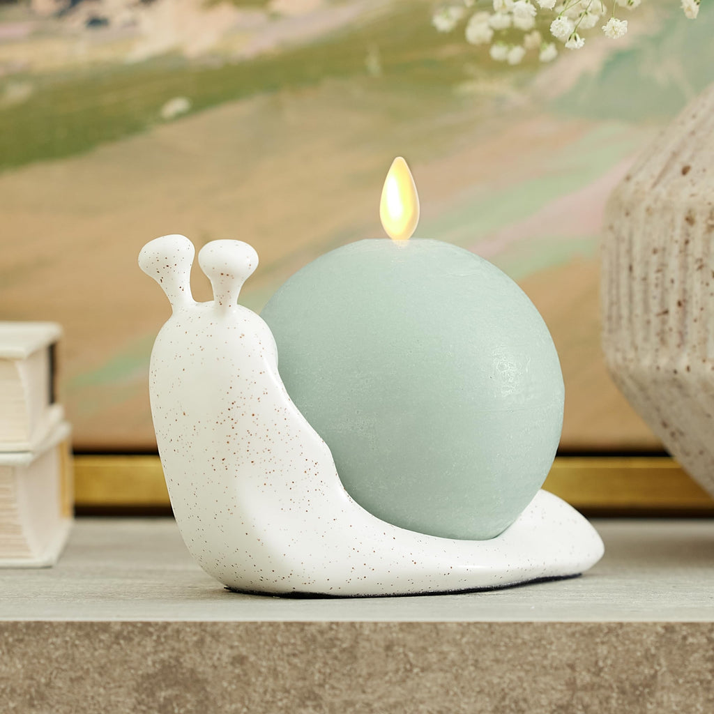 Candlestick Holder White Speckled Ceramic Snail, 5.7" x 3.8" Design, Holds the Chalky Sphere Compatible, Safe