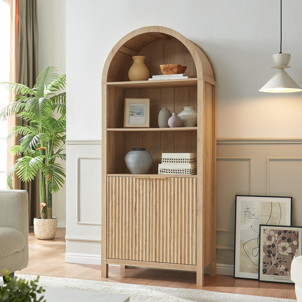 Arched Cabinet Bookshelf Bookcase - 71" Tall Mid Century Arched Display Cabinets, Rounded Bookshelf with Fluted