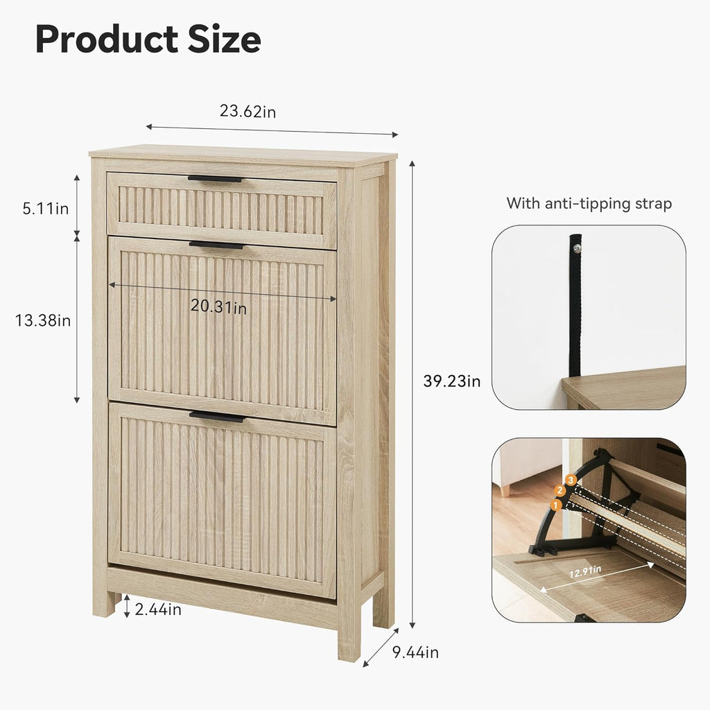 2 Flip Drawers Shoe Cabinet Storage , Narrow Shoes Organizer Cabinet for Front Door Entrance, Hidden Wooden Hallway