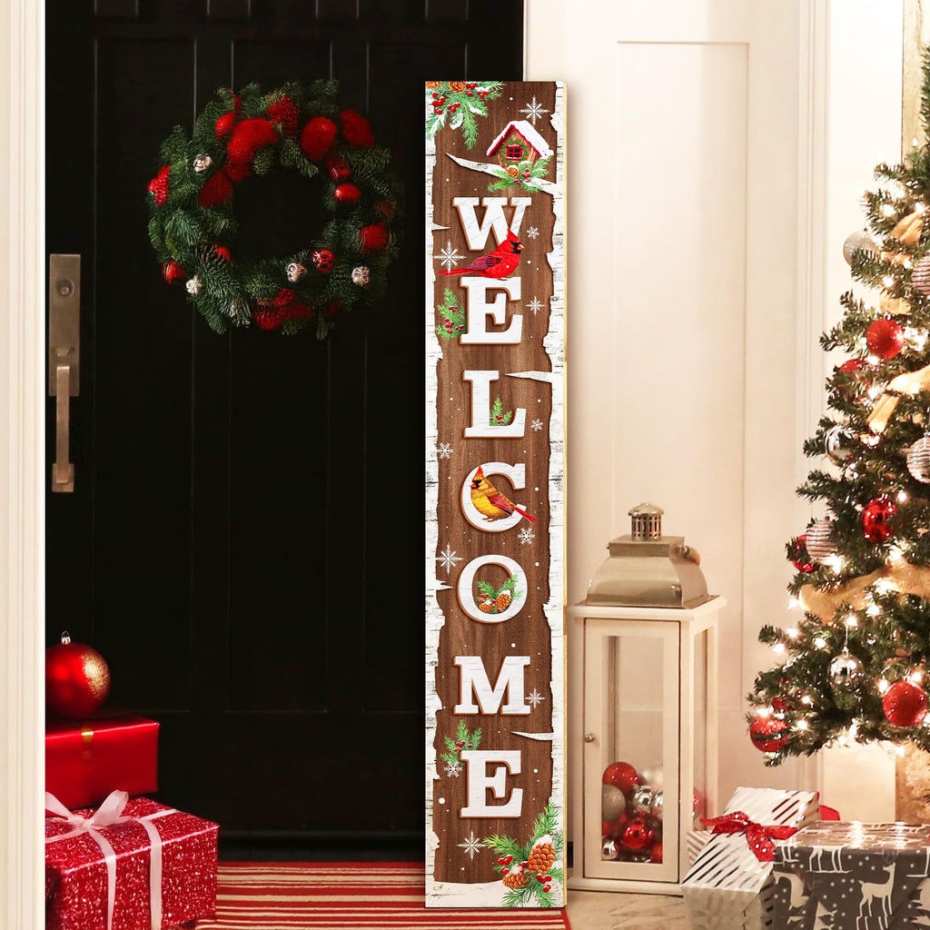 Winter Snow Welcome Porch Sign Decor Birch Tree with Cardinals Wooden Hanging Sign Standing Decorative Signs Plaques