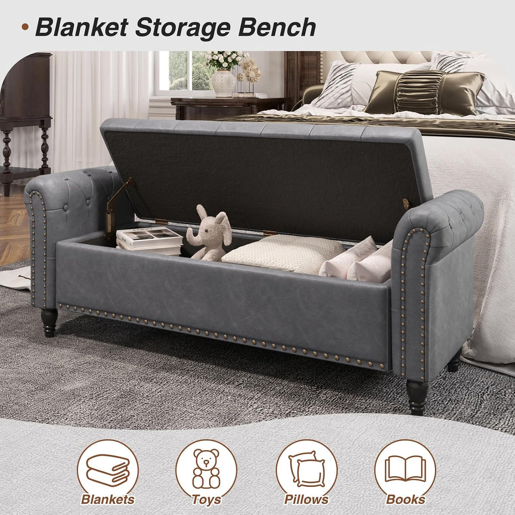 55 Inch Bedroom Bench, End of Bed Bench with Storage, Grey | Bed Benches for Foot of Bed, Faux Leather Window Bench