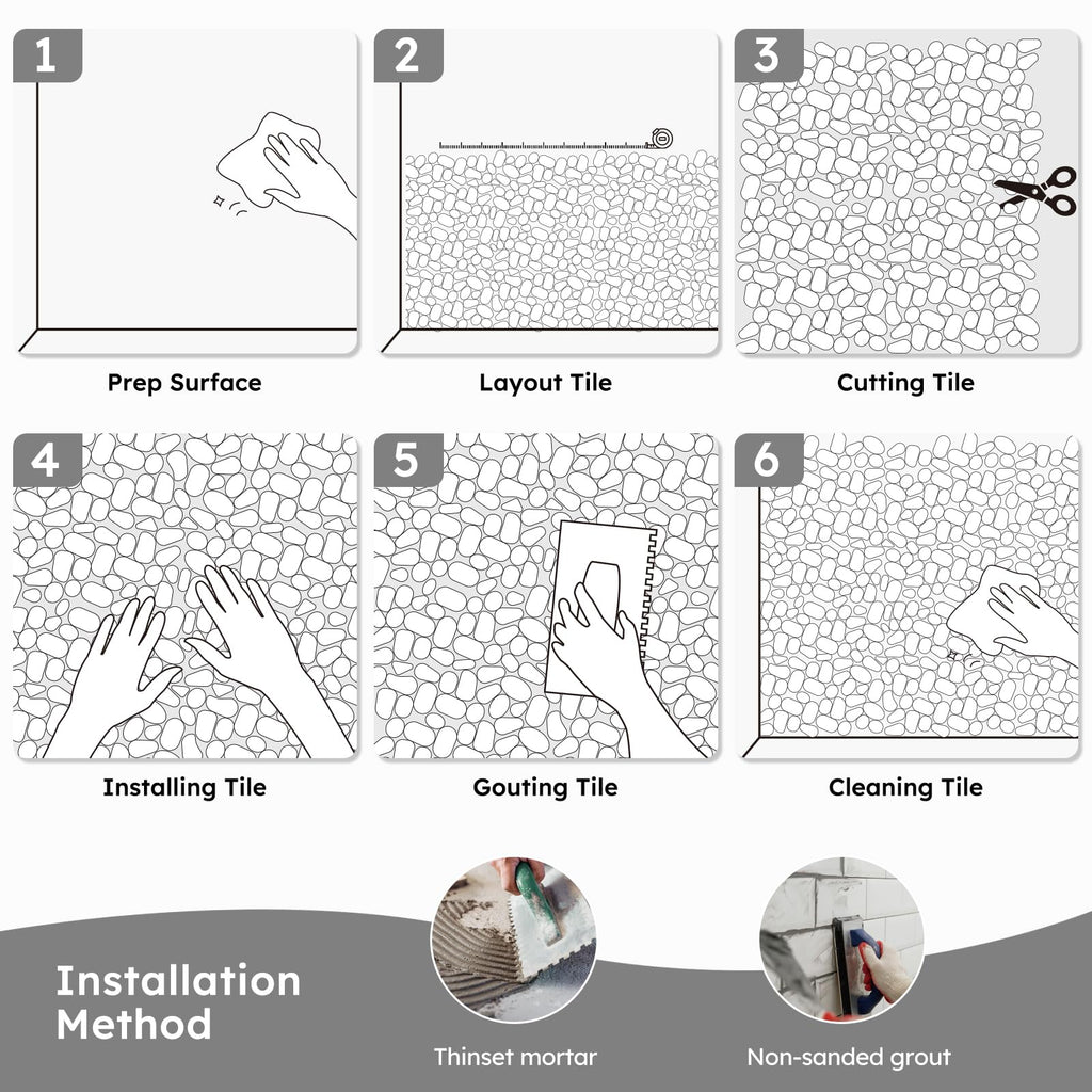 For Shower Floor, White Marble Veins Oval, 8 Sheets