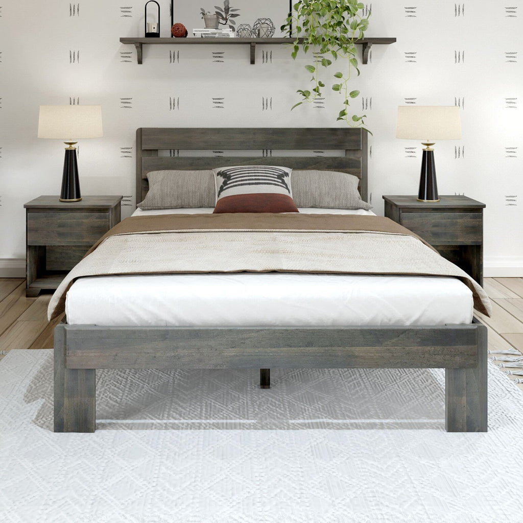 Modern Farmhouse Single Bed (Queen), Plank Headboard, Driftwood
