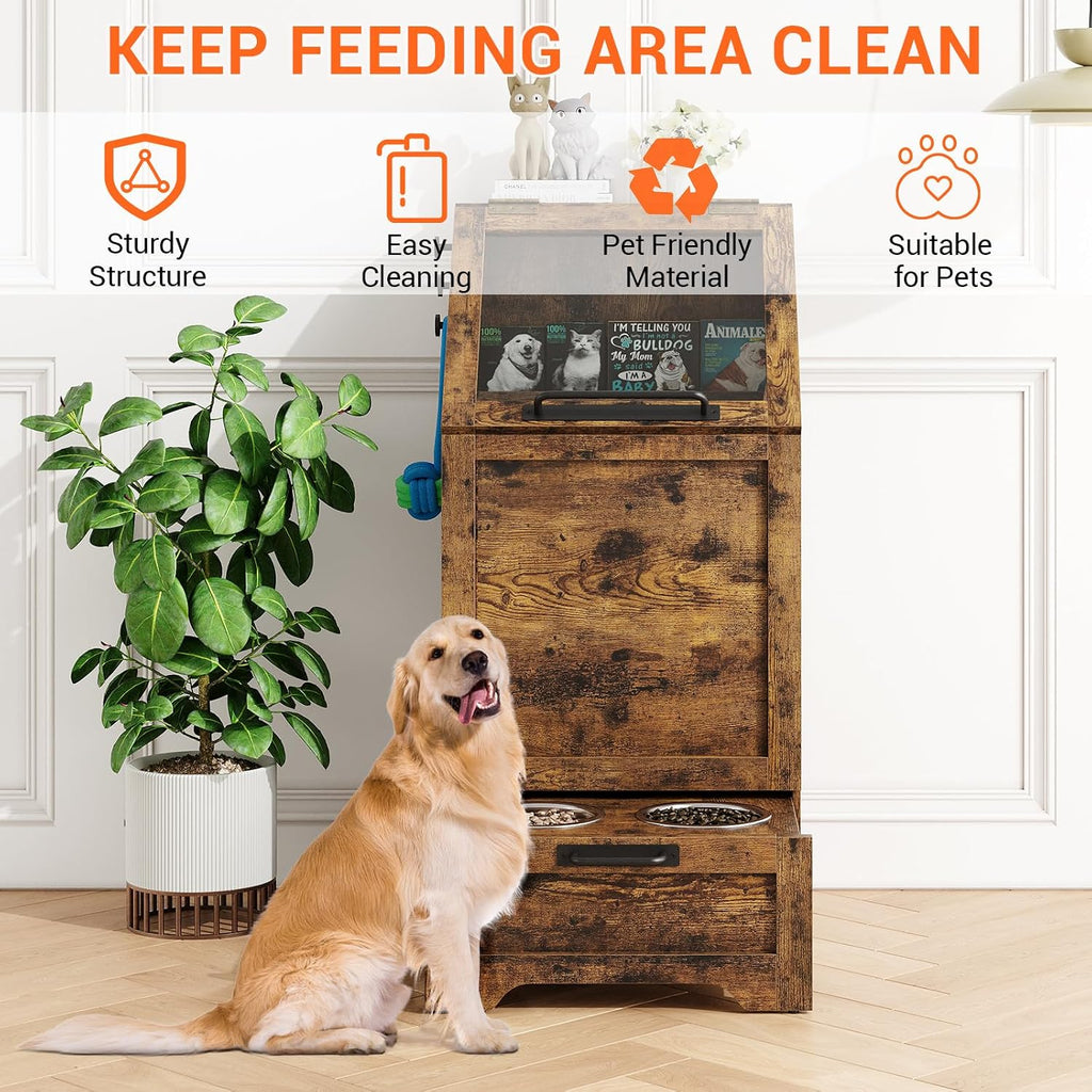 Top Opening Dog Feeding Station, Wooden Dog Food Storage Cabinet with 2 Elevated Dog Bowls, 3 Hooks, Hidden Design