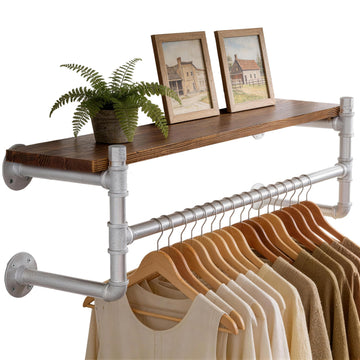Wall Mounted Clothes Rack with Shelf, 36" Industrial Pipe Clothing Rack with Shelf with Hanging Rod, Heavy Duty Iron