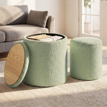 Vanity Stool, Set of 2, Round Storage Ottoman, Teddy Fleece | Small Coffee Table, Removable Lid, Easy Assembly