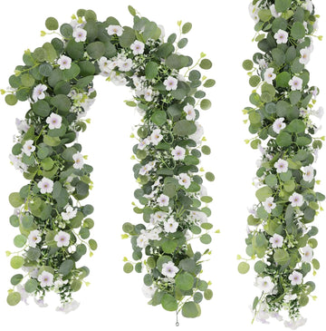 Artificial Eucalyptus Garland with Morning Glory Flowers, 2 Pack Faux Eucalyptus Leaves Greenery Garland Hanging - Set of 2