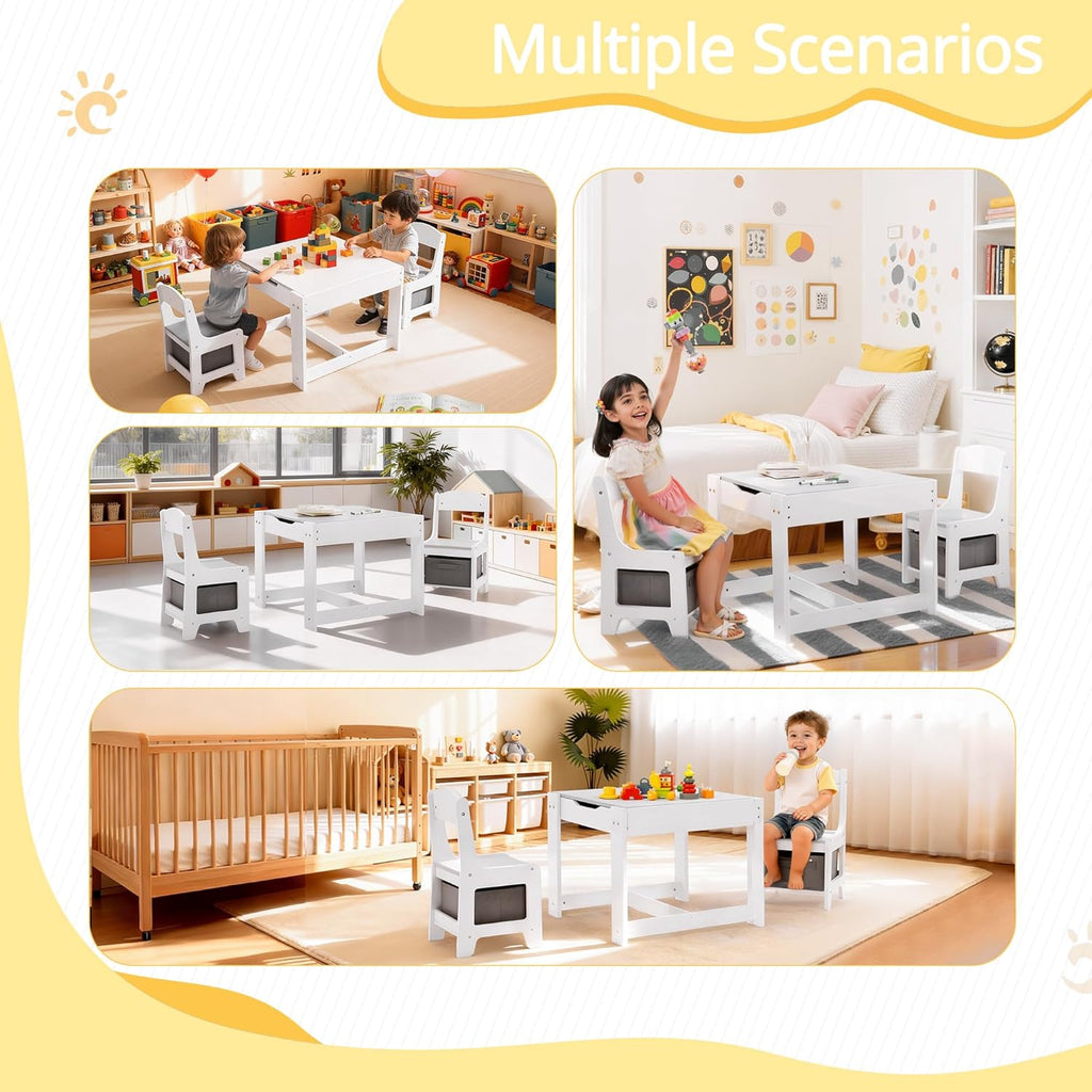 Wood Toddler Table and Chair Set, Kids Activity Desk, White Gray
