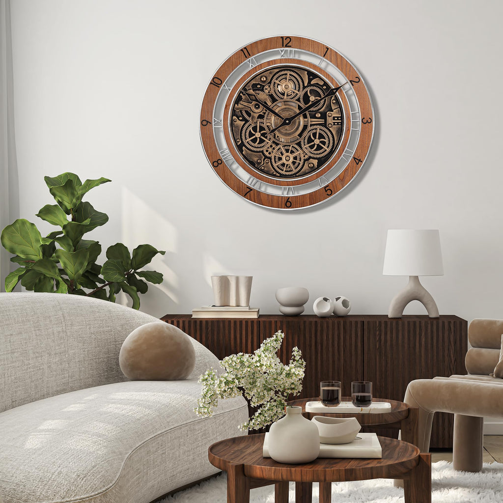 21 Inch Large Steampunk Wall Clock with Moving Gears Wooden Brown
