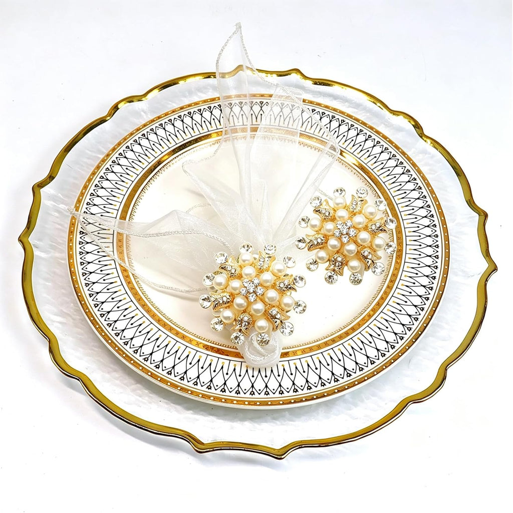 Gold Flower Napkin Rings, Gold Bling Rhinestone Napkin Ring Holder for Weddings, Dinner, Parties, Christmas - Set of 8
