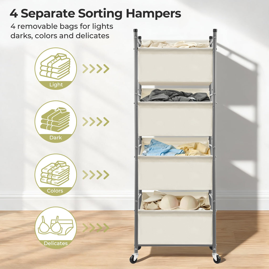 180L 4-Tier Vertical Laundry Hamper, Rolling Laundry Sorter with Wheels