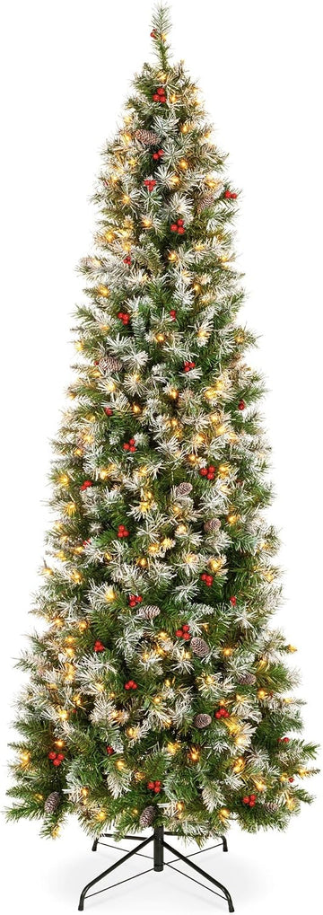 Pencil Christmas Tree Pre-Lit w/Viral Twinkling Lights, Slim Pre-Decorated Artificial Frosted Pine Skinny Holiday