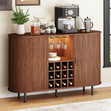 55" Fluted Wine Bar Cabinet with LED Light Walnut