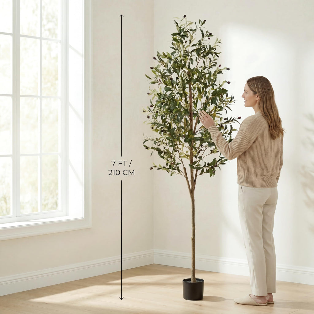 Artificial Olive Tree, 7FT Faux Olive Trees with Lifelike Olive Branches and Fruits, Fake Floor Plants with Pot for