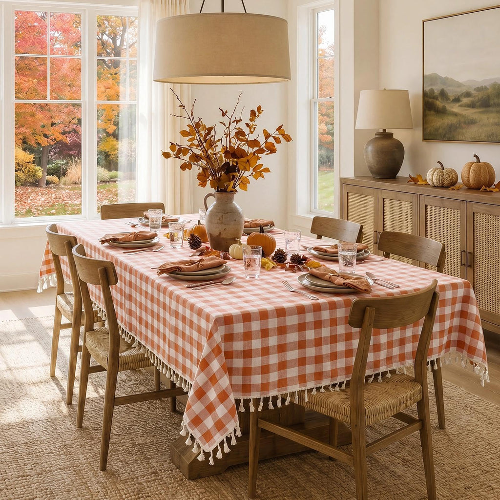 Fall Gingham Rectangle Tablecloth with Tassel, Orange, 55" x 84"