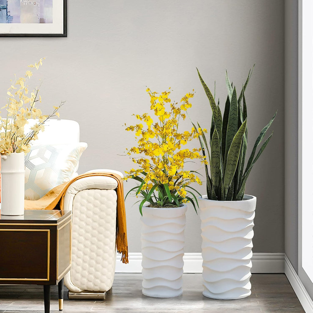 LuxenHome Tall Planters for Outdoor Plants, Set of 2 Garden White | With Drainage Hole and Rubber Plug, Modern White