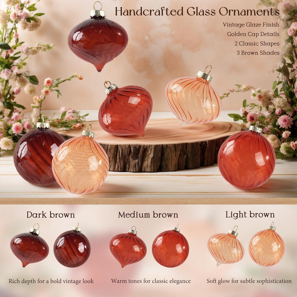 Brown Glass Christmas Ornaments, 12-Pc Vintage Ball & Onion Shapes for Tree - Set of 12