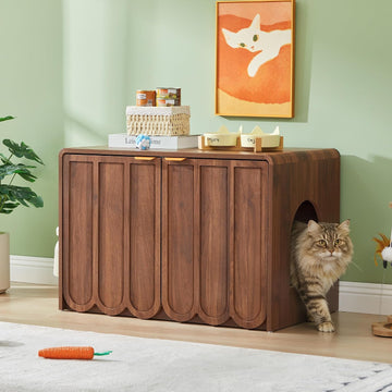 Cat Litter Box Enclosure Furniture, Hidden Cat Litter Box Cabinet with Scalloped Doors, Modern Cat House with Gold