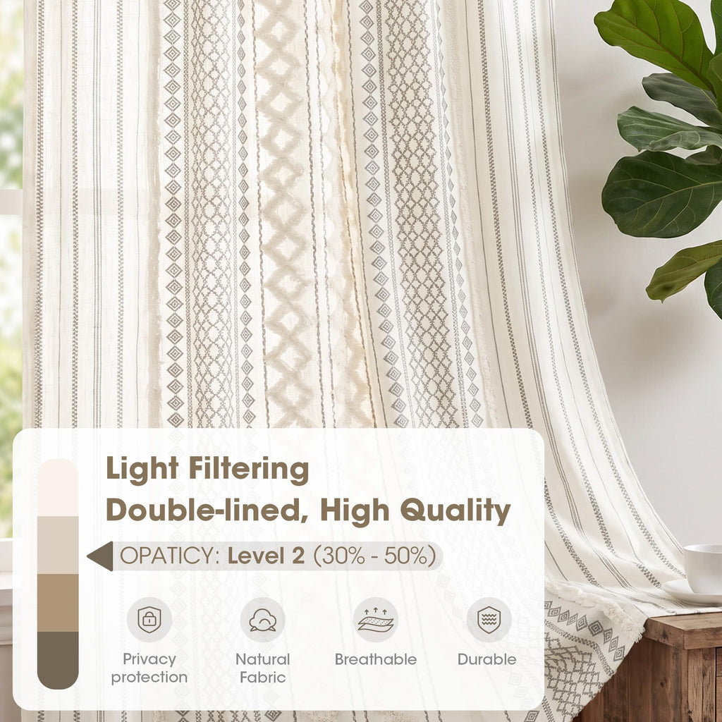 100% Cotton Boho Window Curtain, Single Panel, 50x84 Ivory