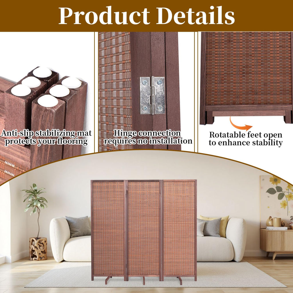 Bamboo Room Divider 3 Panel 47" H, 360°Rotating Feet Privacy Screen, Brown