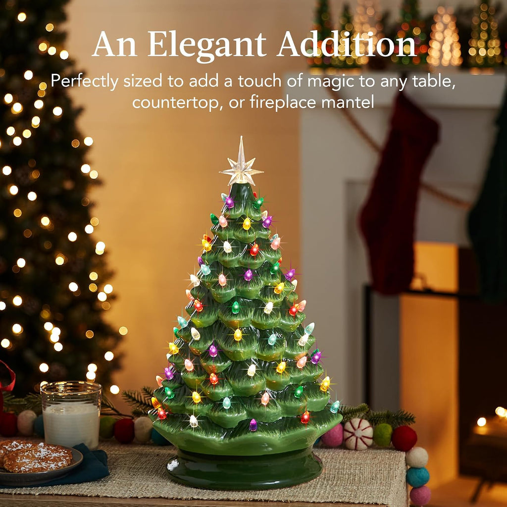 18in Large Ceramic Christmas Tree, Pre-lit Hand-Painted Tabletop Holiday Decoration w/Power Cord, 2 Star, 93