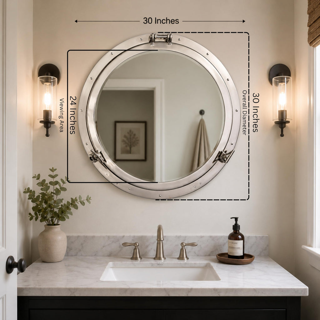 Metal Crafted Nickel Plated Aluminum Porthole Bathroom Decor Mirror (30 Inches)