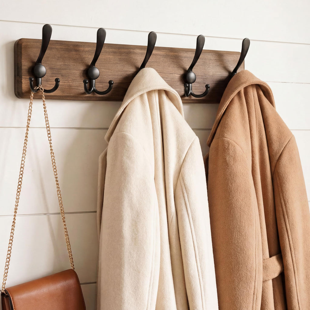 Rustic Coat Rack Wall Mount, Solid Wood Coat Hooks Wall Mounted Coat Hanger, 16" Hole to Hole, Hook Rack Rail, 5 Triple