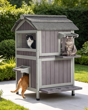 Outdoor Cat House Weatherproof Feral Cat Shelter with Escape Doors - 2-Story