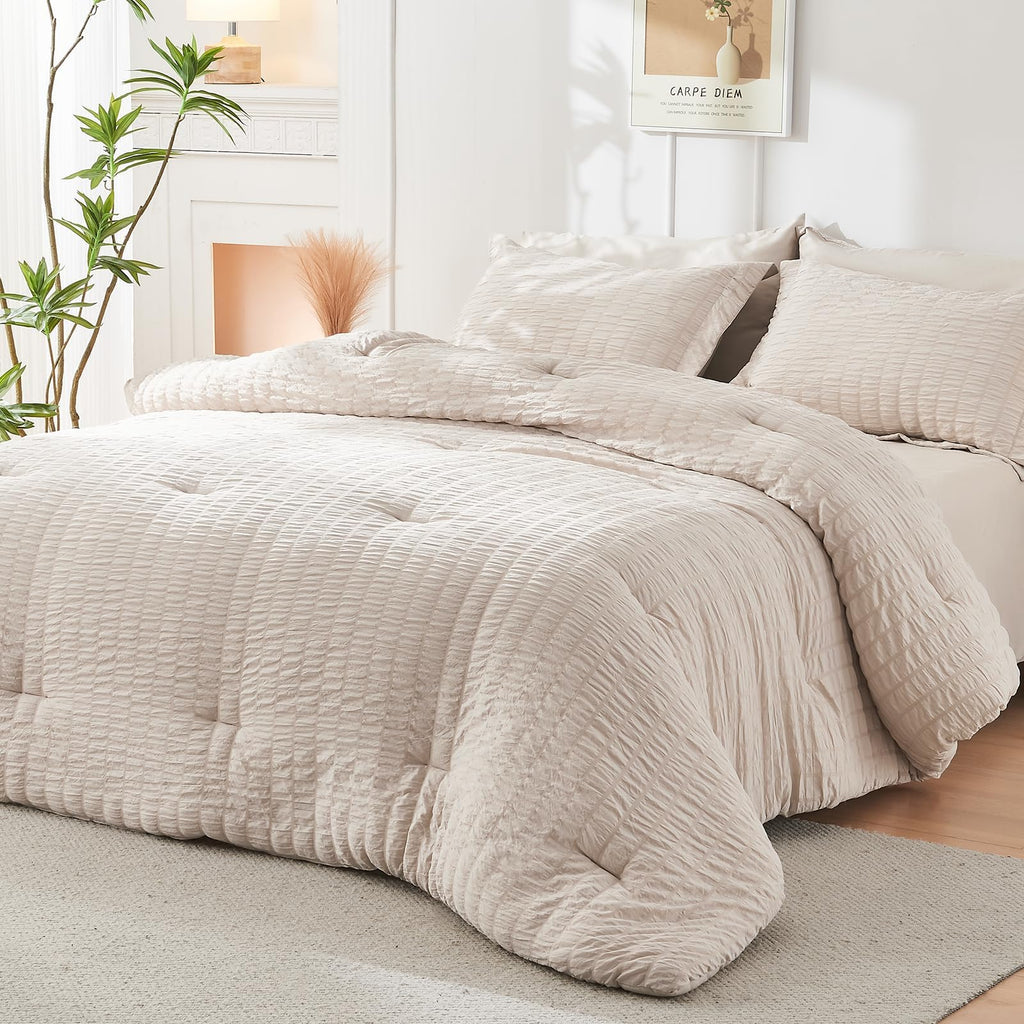Comforter Set - 7PCS Bed in a Bag, Seersucker Bedding Set, Beige