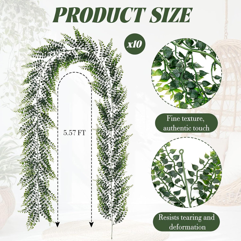 5.57ft Artificial Greenery Garland, Lifelike Fake Vines - Set of 10