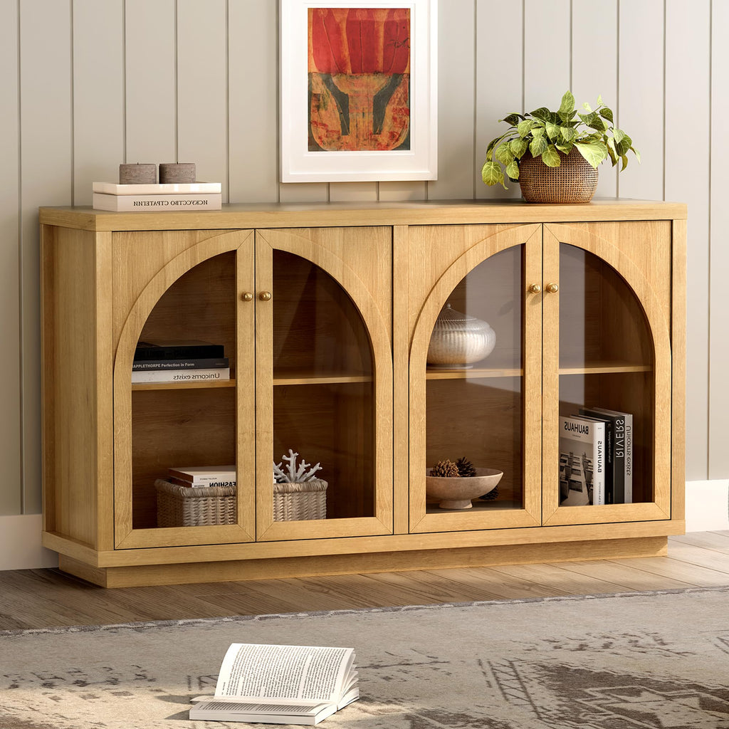 Modern Storage Cabinet with 4 Doors Set of 2, Arched Accent Sideboard Buffet with Adjustable Shelves, Boho Display