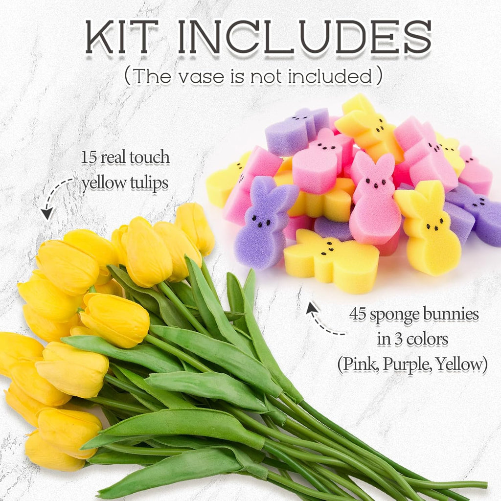 Easter Decor - 15 Artificial Tulips with 45 Bunnies Vase Filler - Set of 60