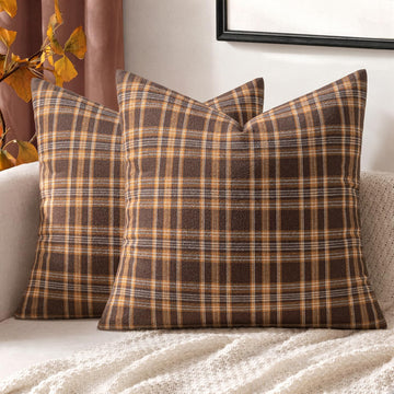 Fall Plaid Pillow Covers Scottish Tartan 20x20 Dark Brown