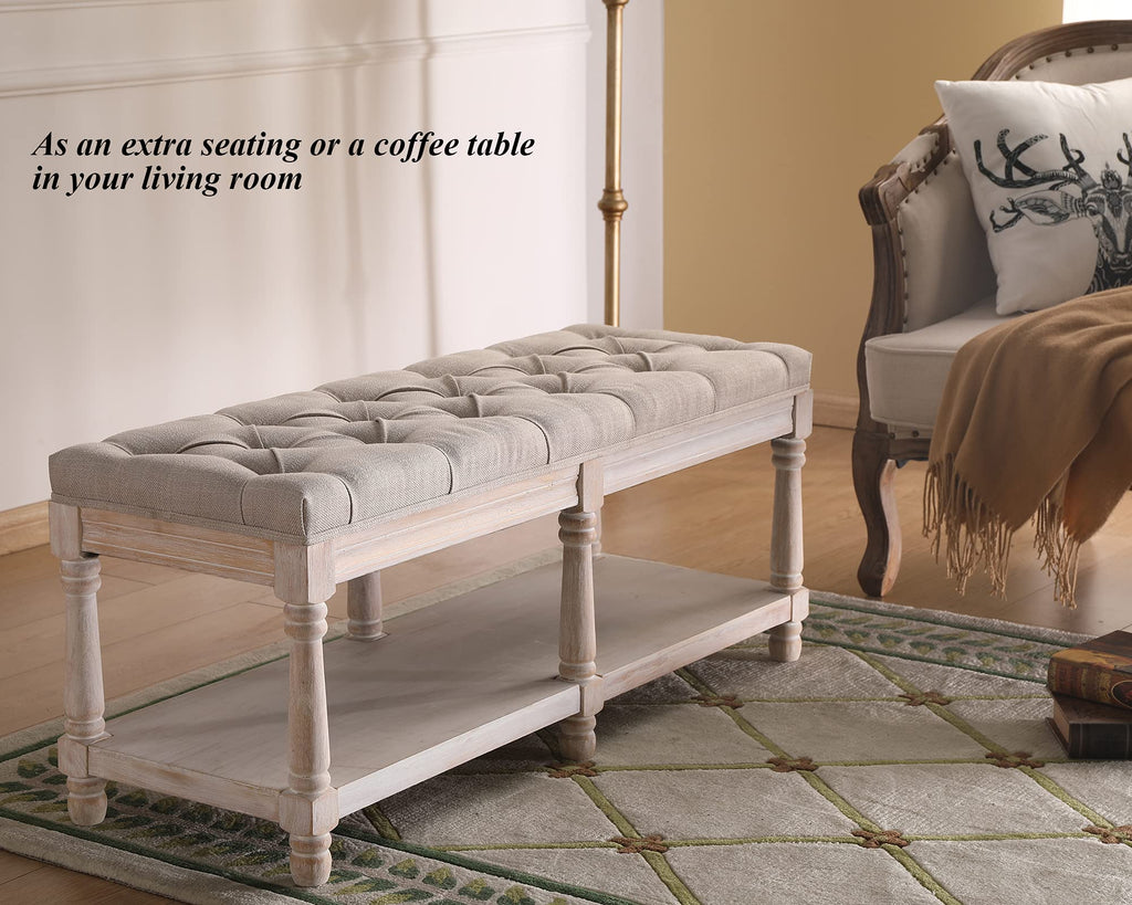 Mid Century Tufted Storage Bench with Shelf, Linen Upholstered Farmhouse Entryway Shoe Bench Ottoman Bed End Stool