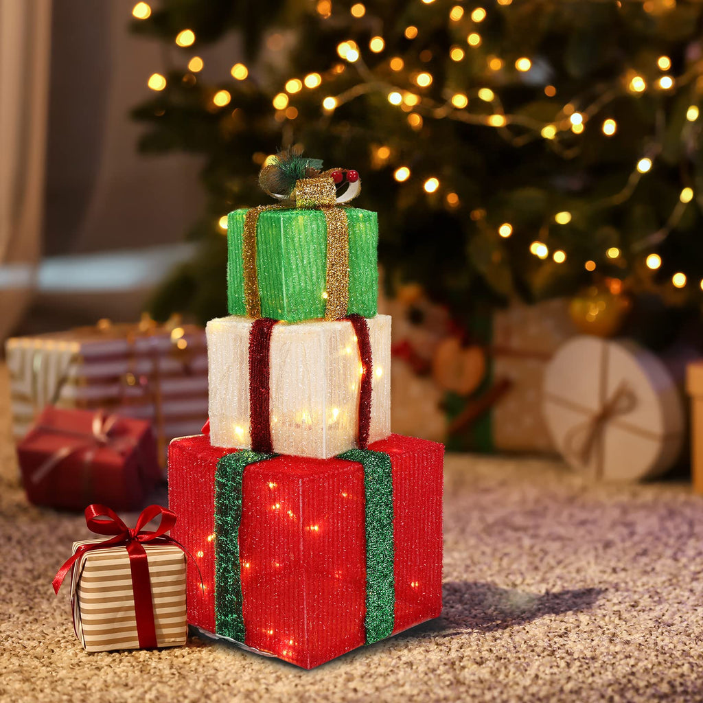 Christmas Lighted Gift Boxes Set of 3, Weather Proof Present Boxes Ornament Home Decor Pre-lit 60 LED Lights