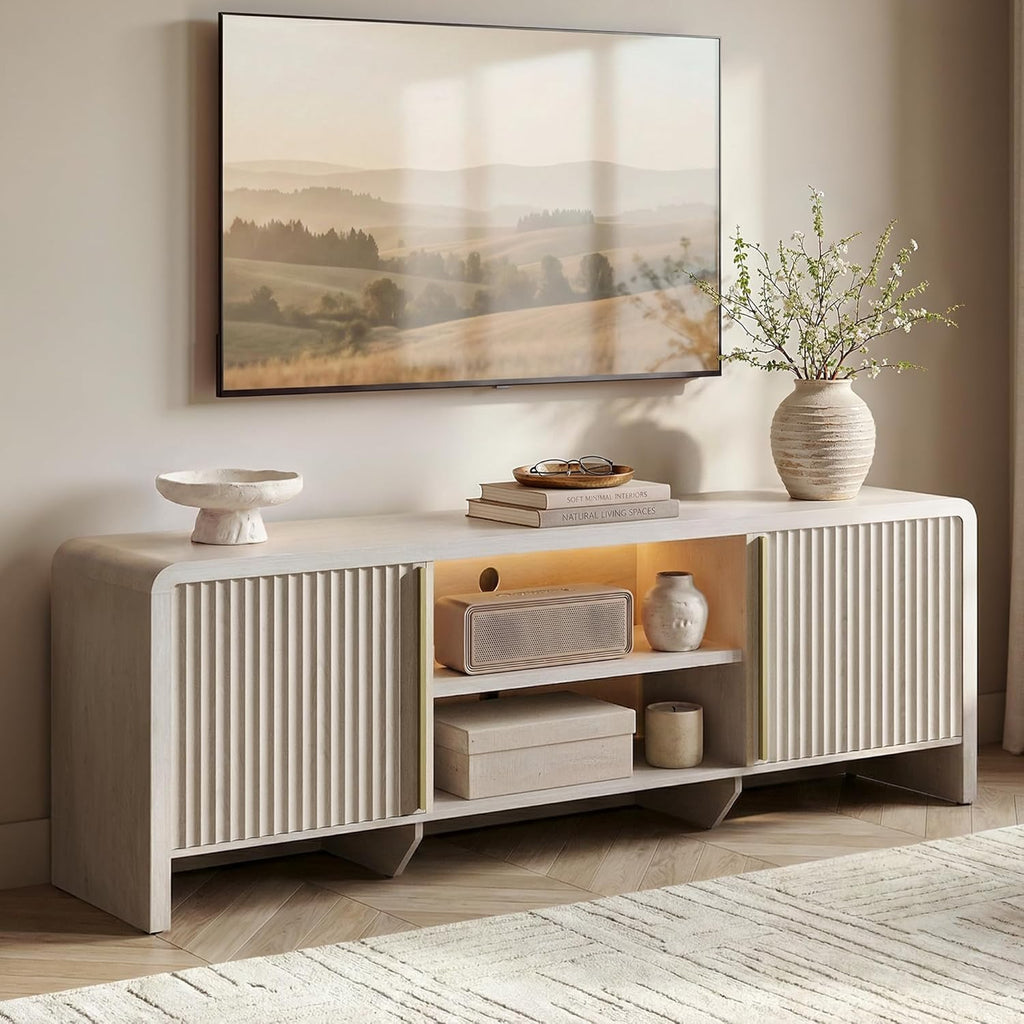 70" Fluted TV Stand with LED Light for TVs up to 80 Inch, Modern Television Console Storage Cabinet with Adjustable