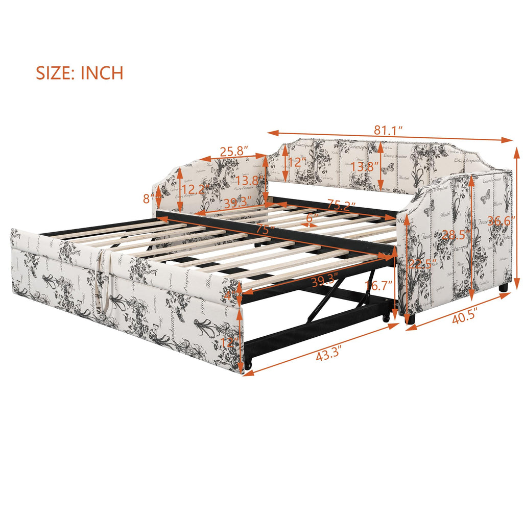 Twin Size Daybed with Trundle, Linen Upholstered Extendable Sofa Bed Frame with USB Ports, Space-Saving Twin to King